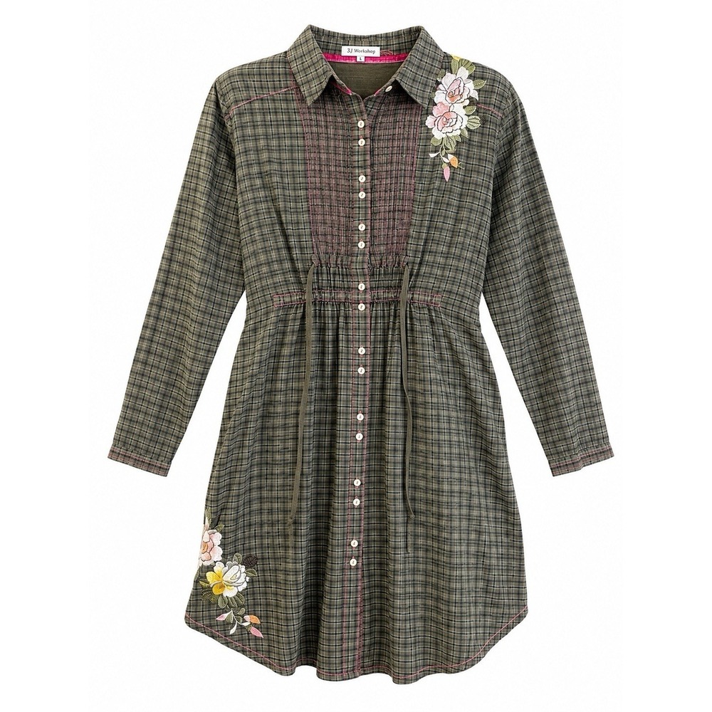 Johnny Was 3J Workshop Embroidered Tunic Dress L Cotton Plaid Flowers Boho Chic